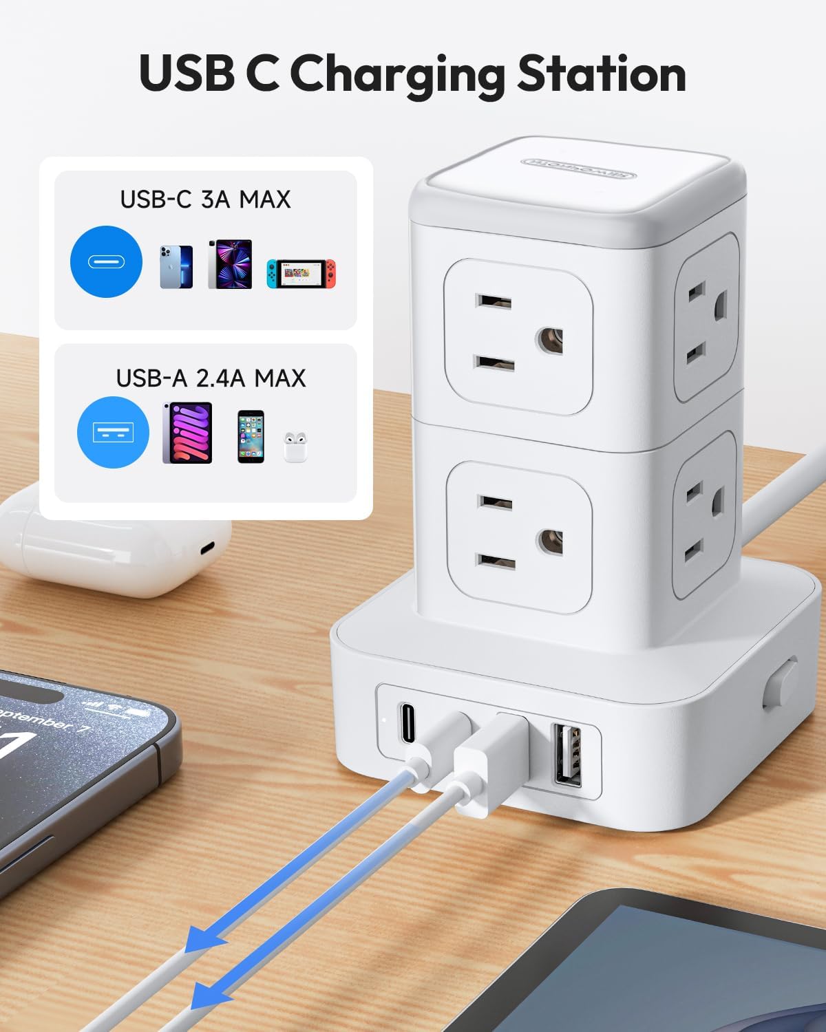 Ntonpower New Surge Protector Power Strip Tower 8 Outlets 2 USB-A 2 USB-C