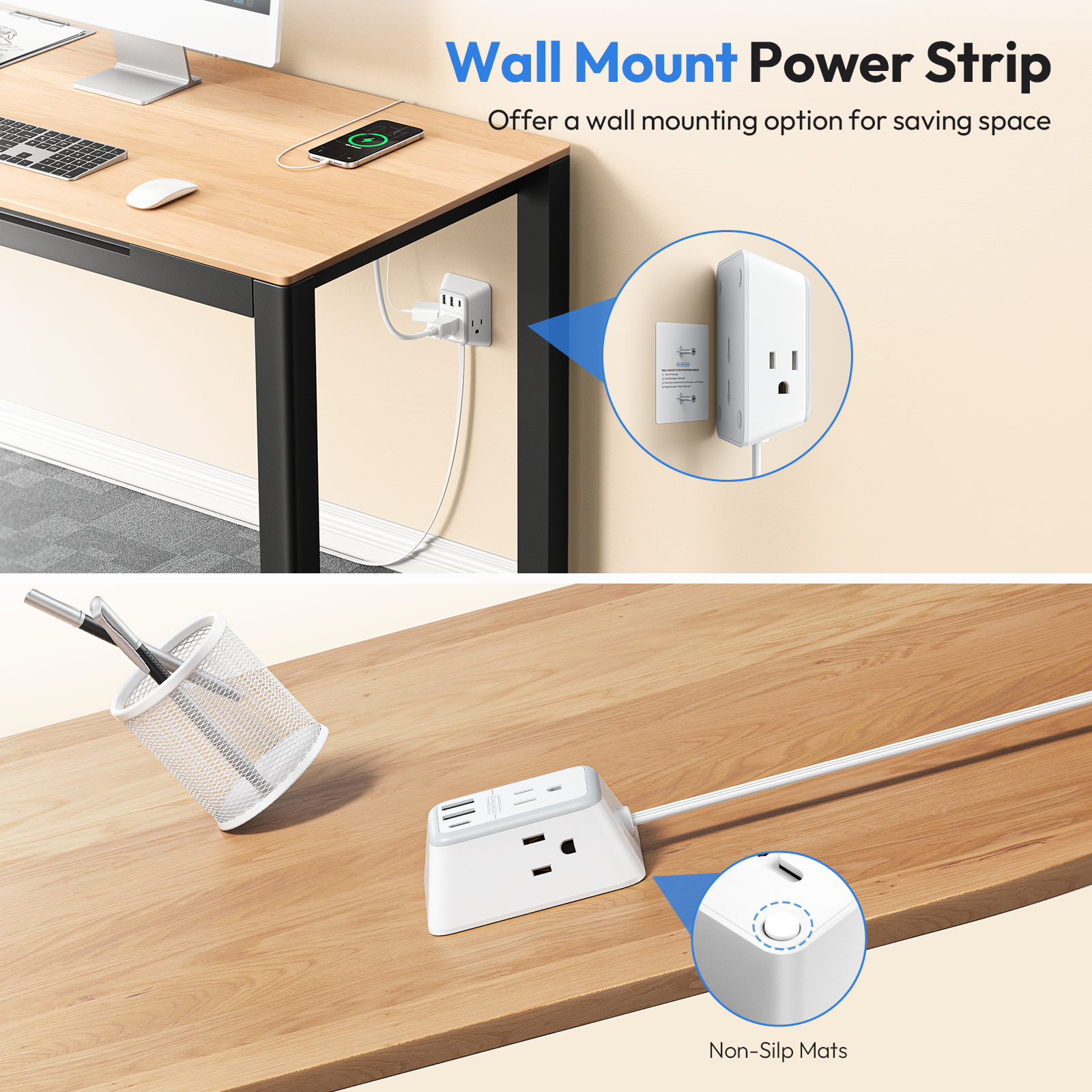 NTONPOWER Split Extension Cord 12FT Power Strip 3 Outlets 2 USB A 1 Type C