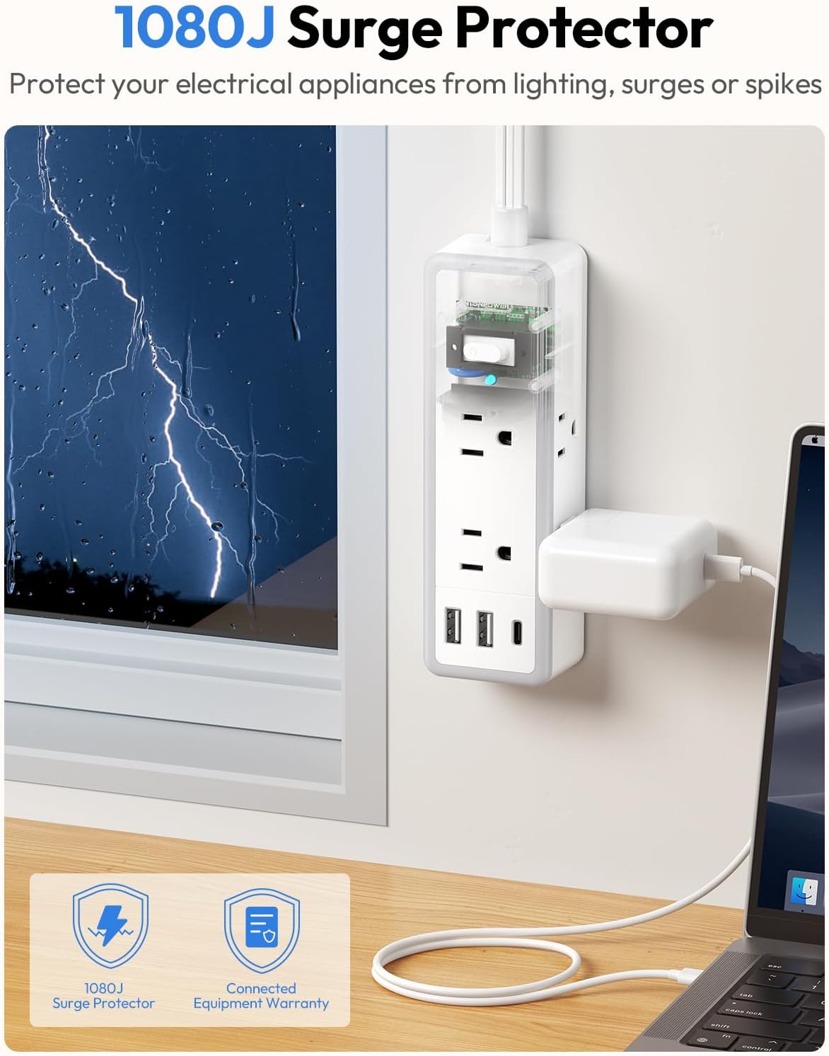 Ntonpower Surge Protector Power Strip 6 Outlets 2 USB-A 1 USB-C