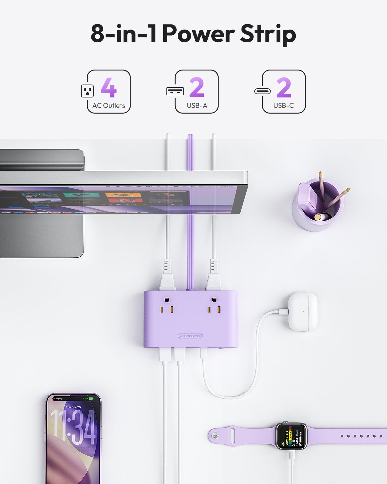 Ntonpower Purple Power Strip 4 Outlets 2 USB-A 2 Type C
