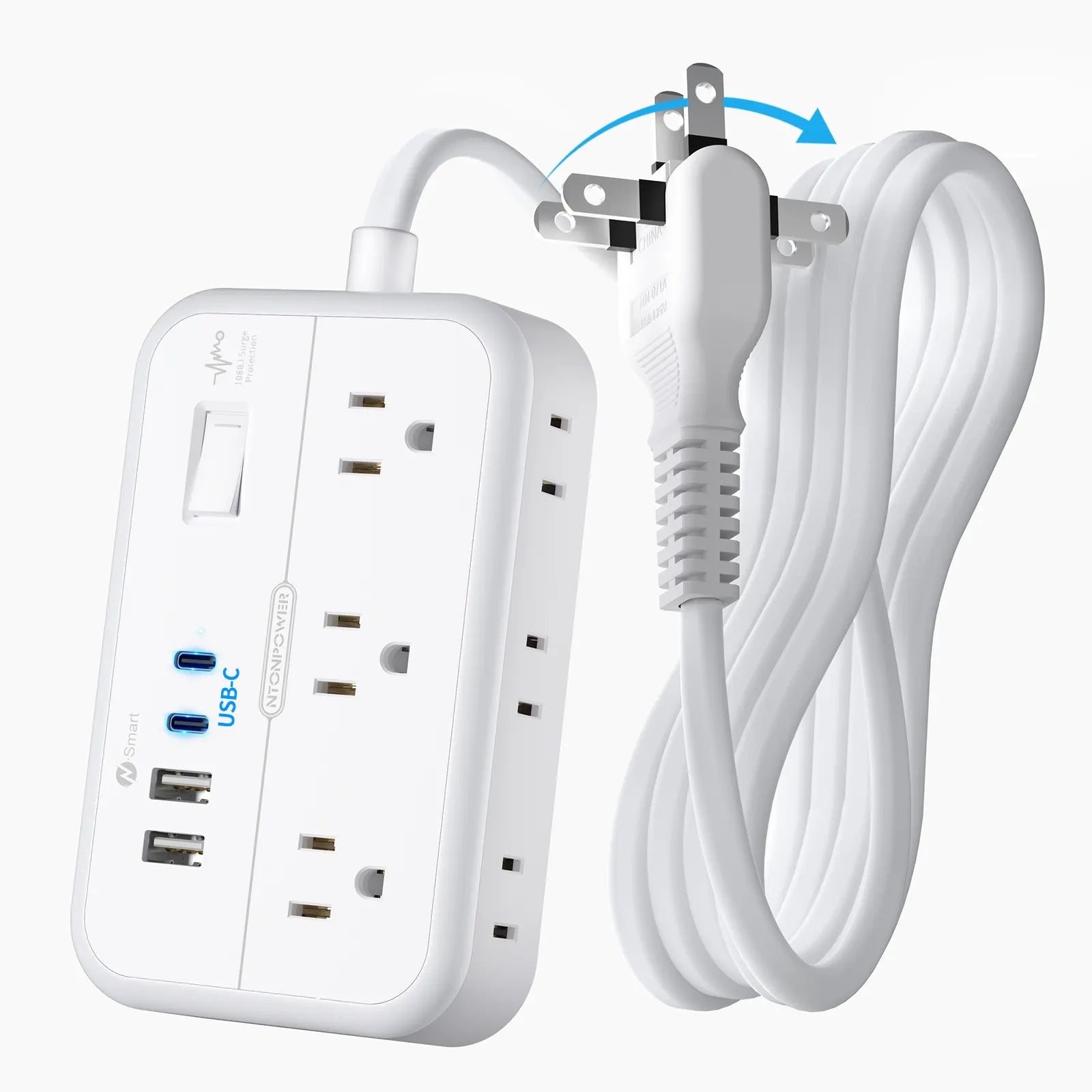 Ntonpower New Surge Basic Power Strip 6 Outlets 2 USB 2 TYPE-C Flat Cord