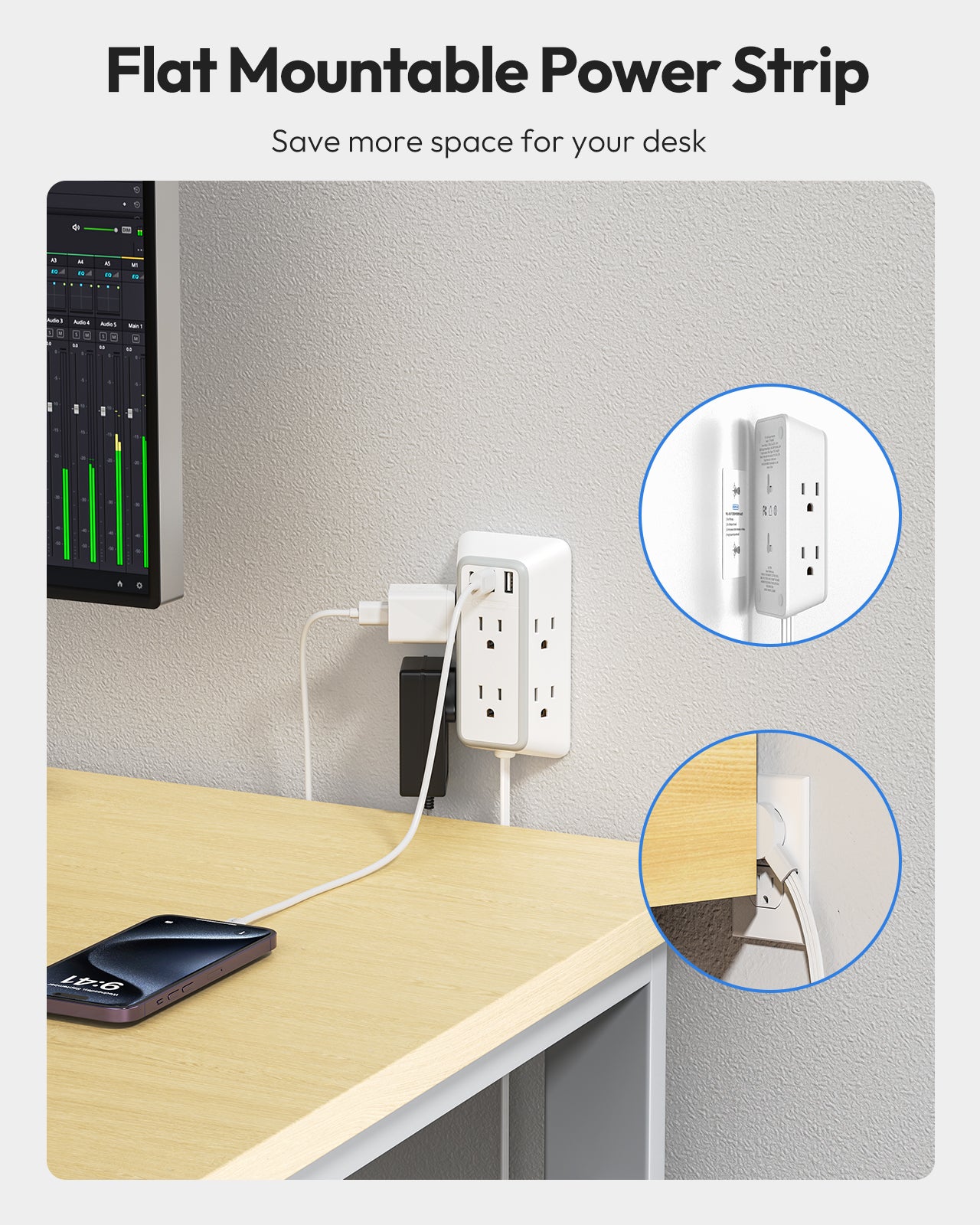 NTONPOWER 3-Sided Power Strip 6 Outlets 2 USB-A 1 USB-C