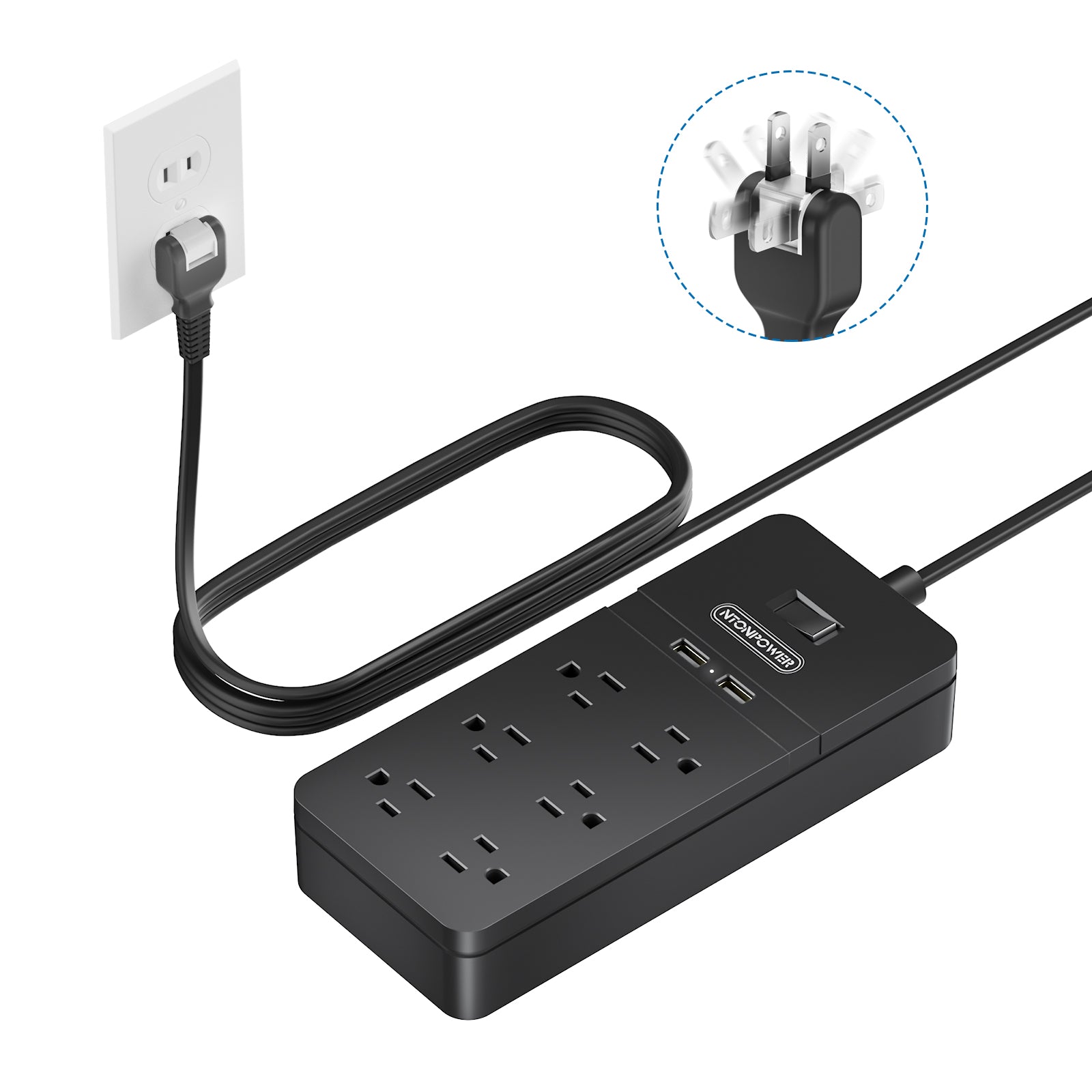 Ntonpower New Surge Protector 2100J 6 Outlets 2 USB Rotating Plug