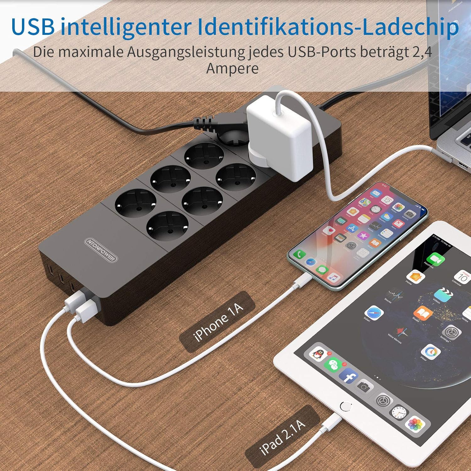 Ntonpower EU Surge Protection Power Strip 8 Outlets 5 USB-A