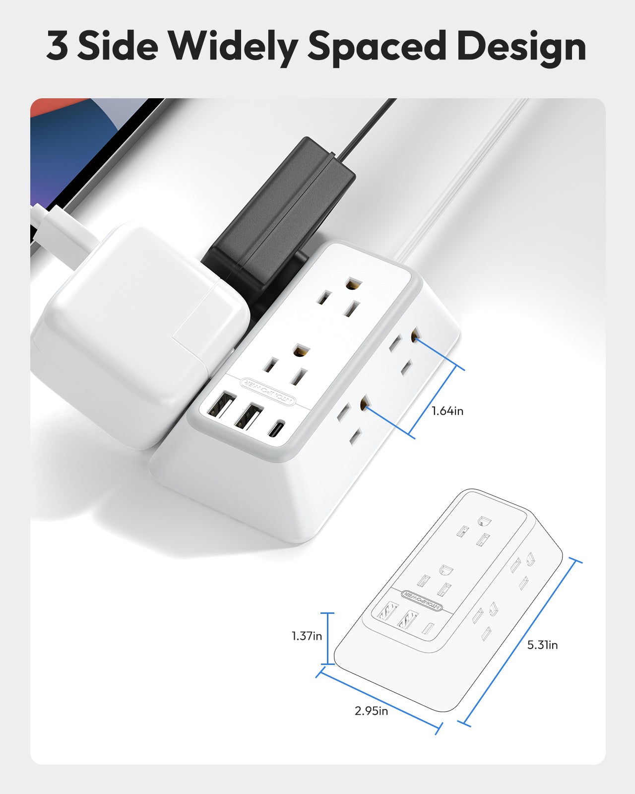 NTONPOWER 3-Sided Power Strip 6 Outlets 2 USB-A 1 USB-C