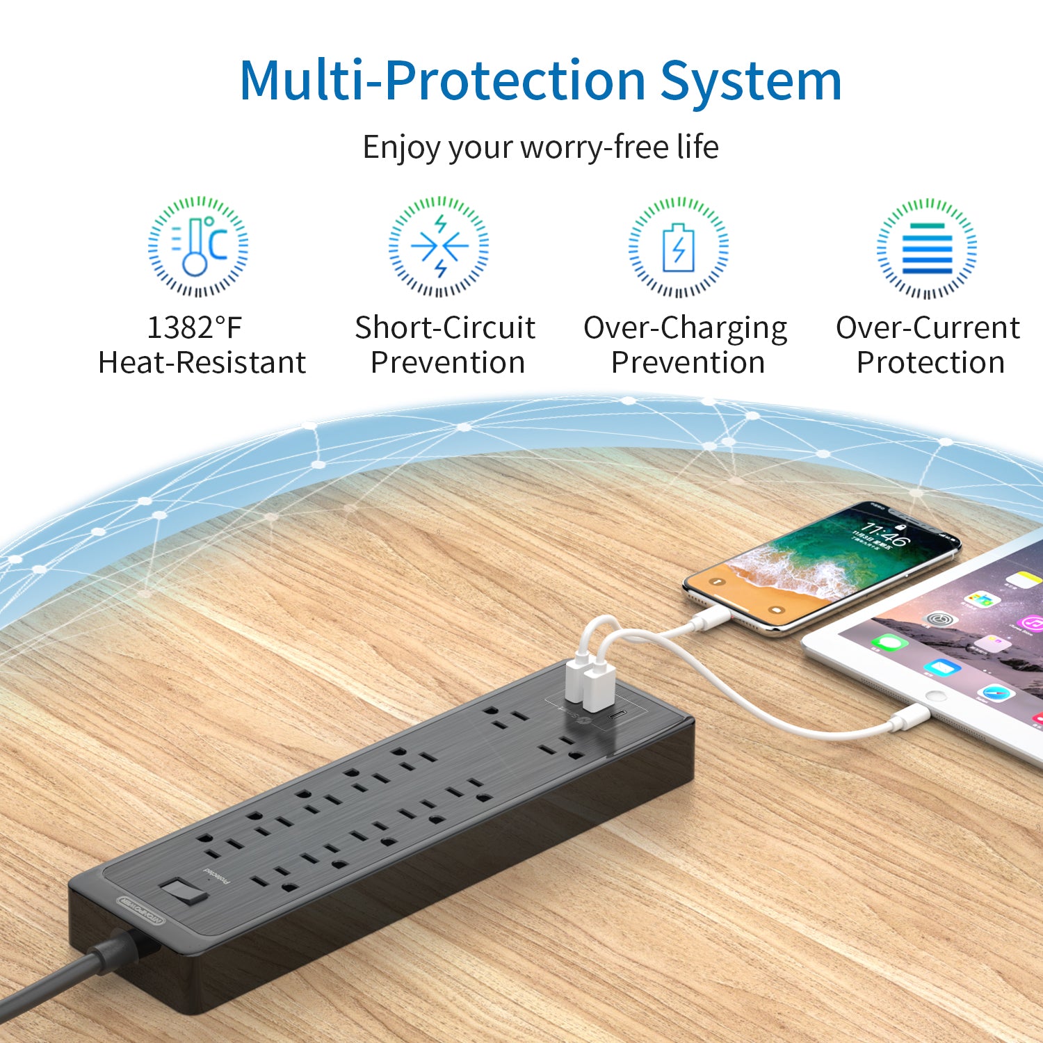 Ntonpower Surge Protector Power Strip 12 Outlets 2 USB-A 1-USB C(SKU: LS-12A3U-US-BK-4.6M, ASIN: B08CKBHCLD, GTIN:6954301173823)