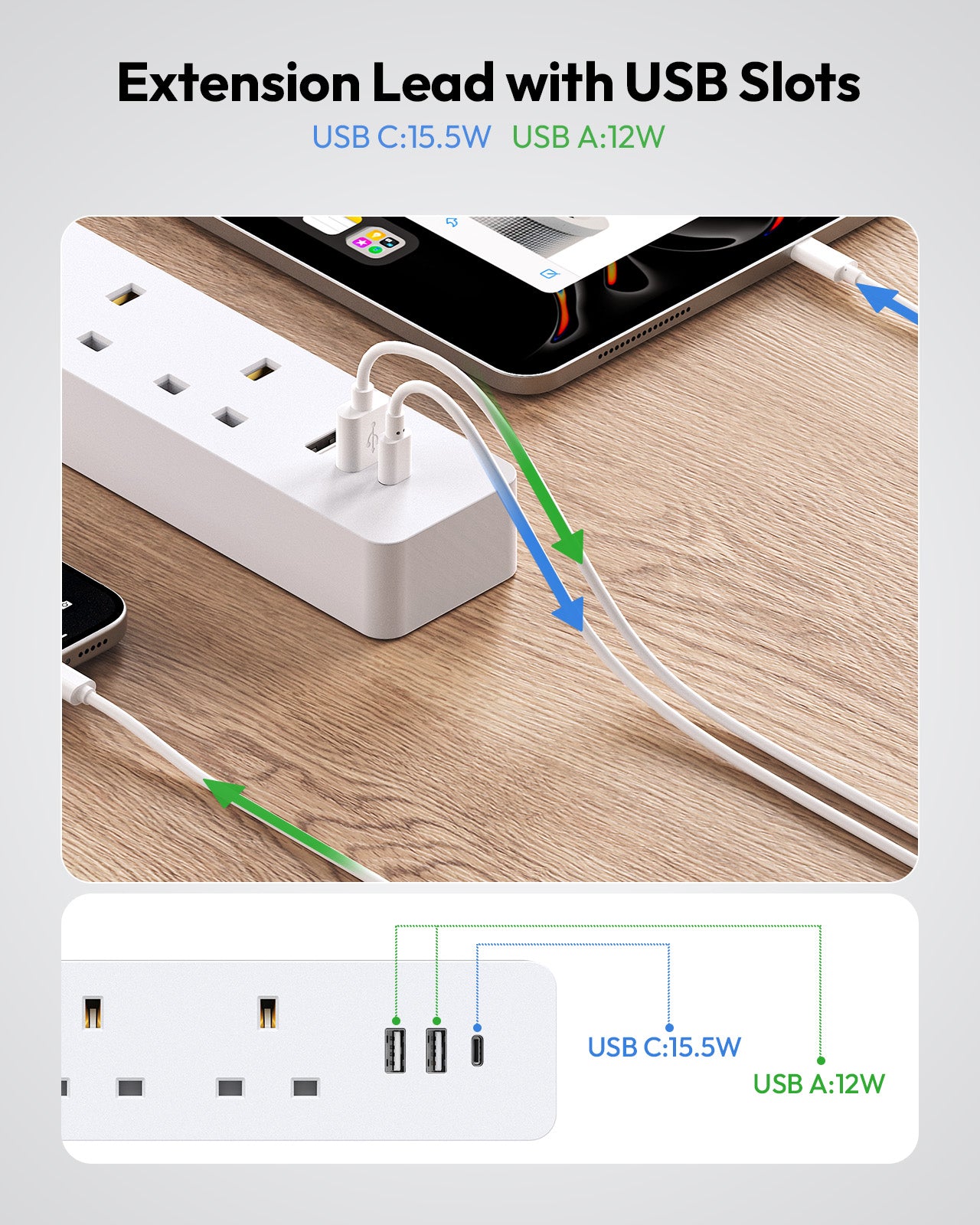Ntonpower UK Surge Protector 3 Outlets 3 USB Ports(1 Type C)