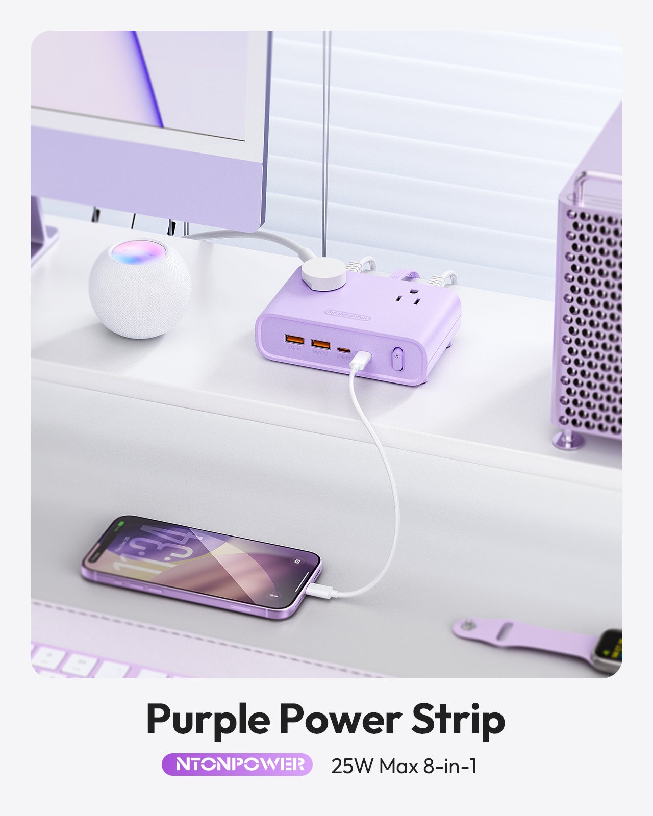 Ntonpower Purple Power Strip 4 Outlets 2 USB-A 2 Type C