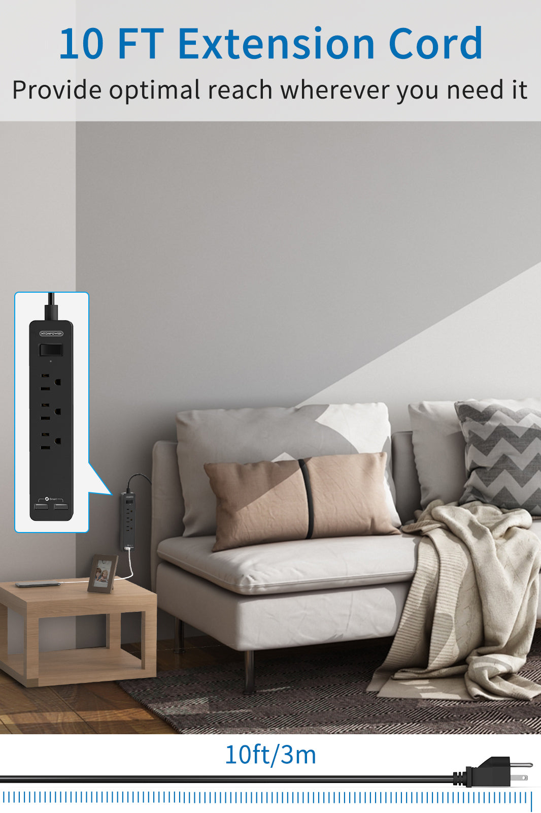 Ntonpower Power Strip 3 Outlets 2 USB Flat Cord