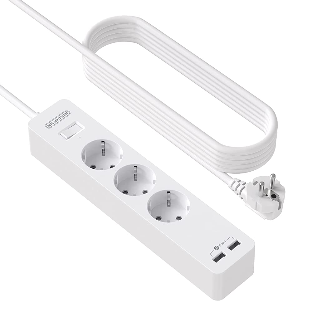 Ntonpower EU Power Strip 3 Socket 2 USB Overvoltage Protection