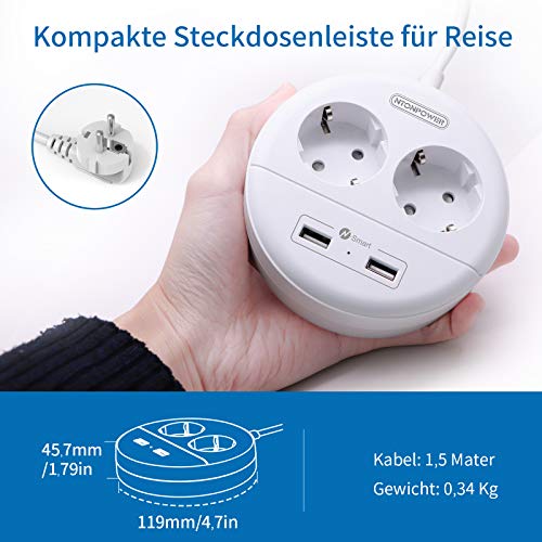 Ntonpower EU Power Strip 2 Sockets 2 USB Small&Travel