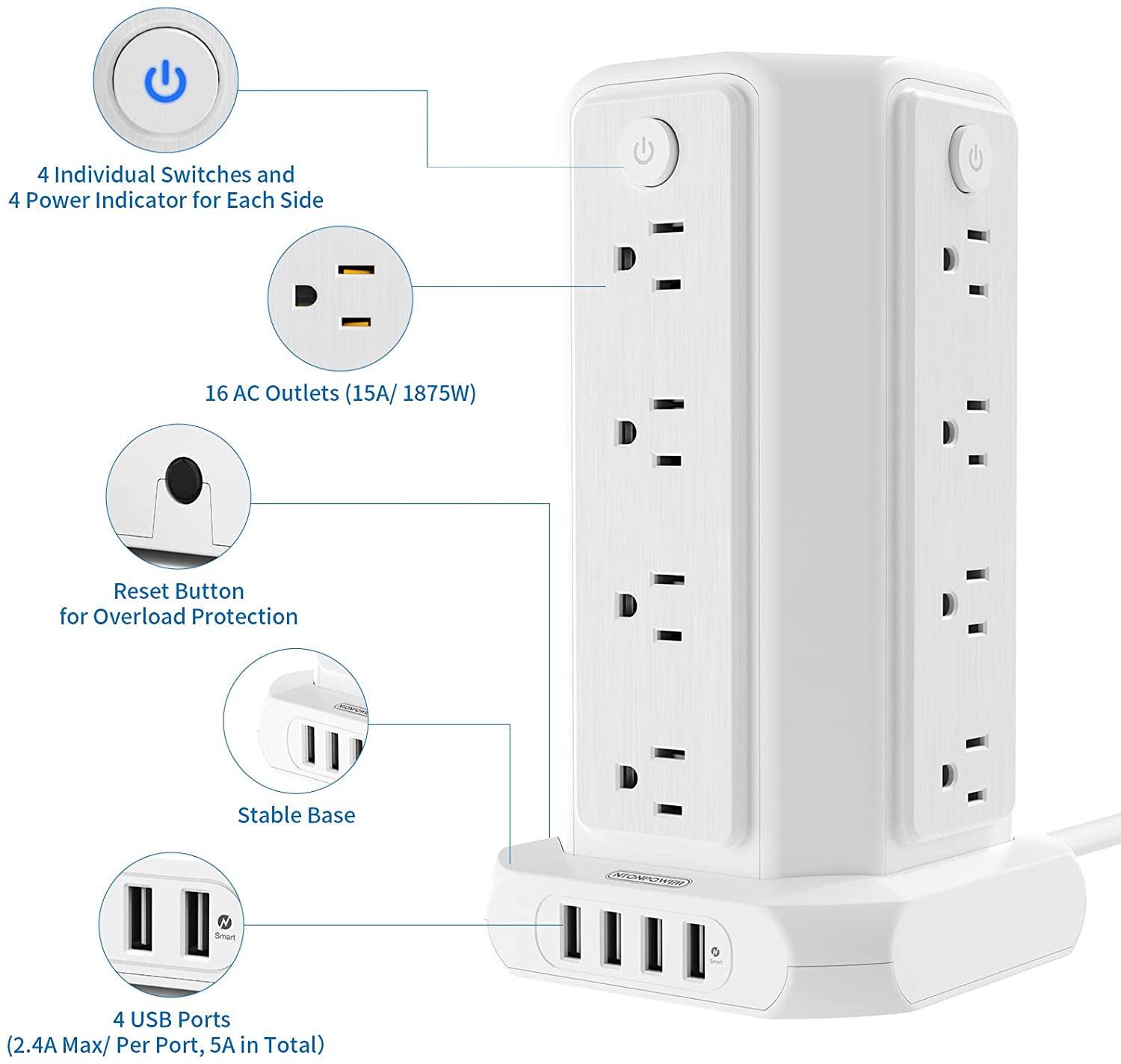 Ntonpower Surge Protector Power Strip Tower 16 Outlets 4 USB 1080J