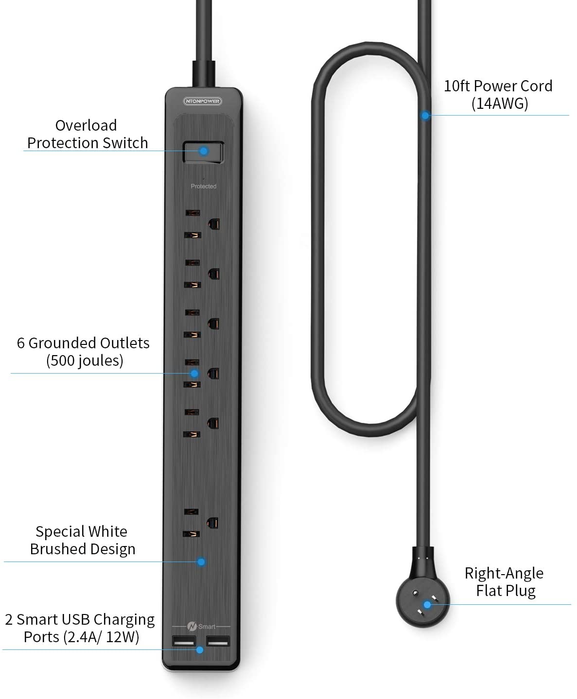 Ntonpower Surge Basic Überspannungsschutz mit 6 Ausgängen und 2 USB-Anschlüssen 