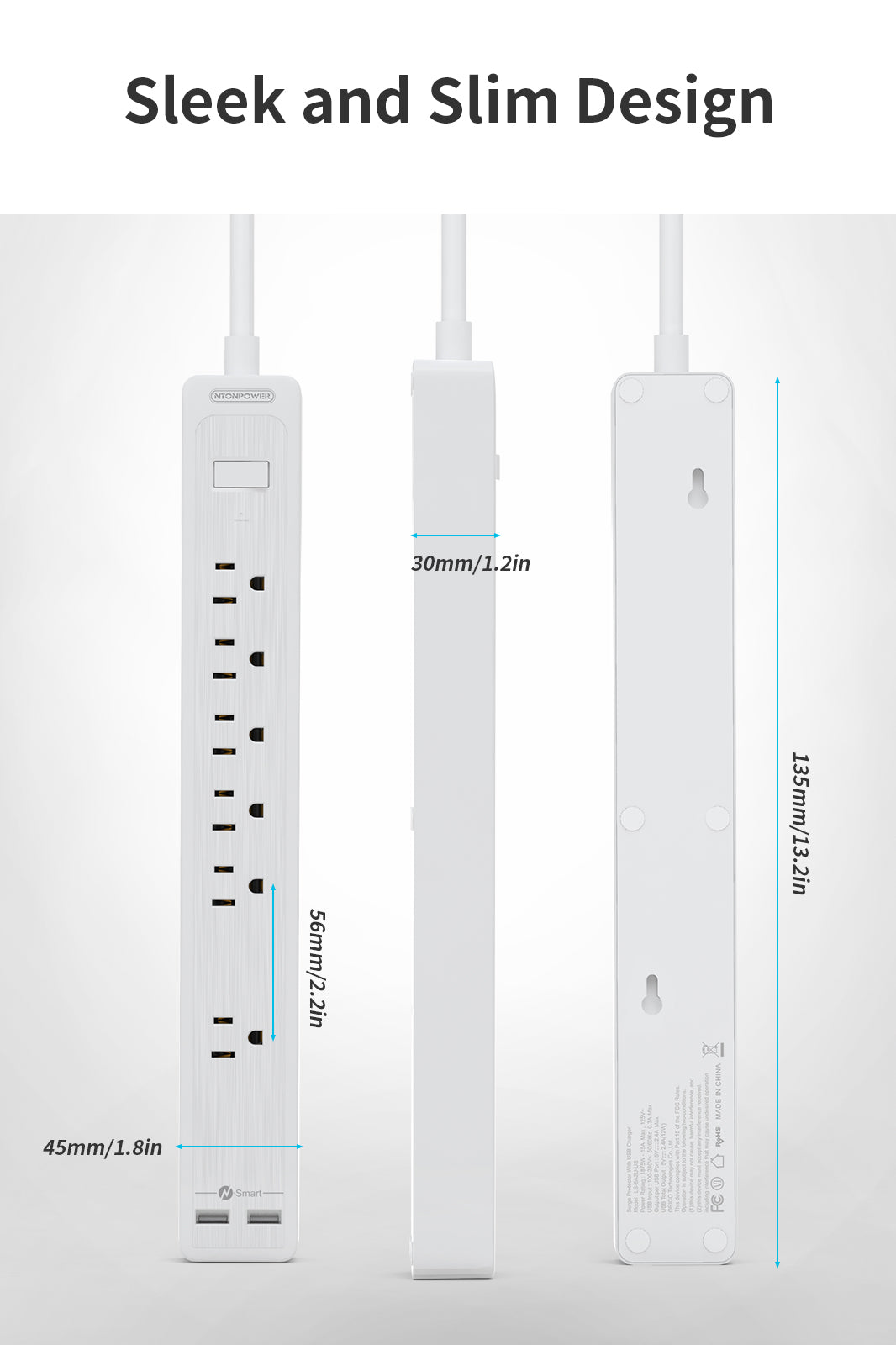 Ntonpower Surge Protector 6 Outlets 2 USB 500J