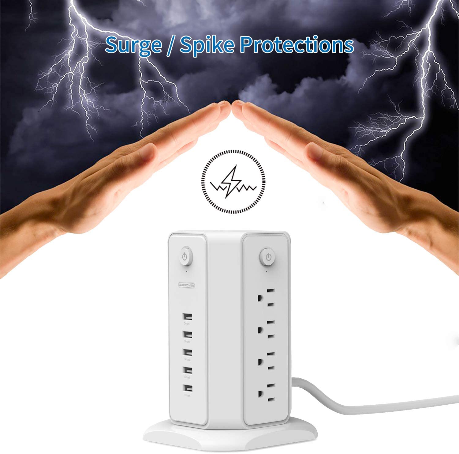 Ntonpower 1080J Surge Protector Power Strip Tower 8 Outlets 5 USB