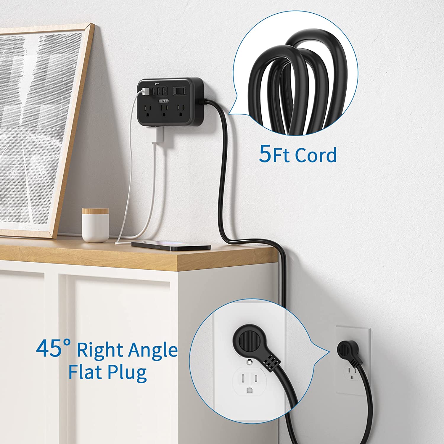 Ntonpower Surge Basic Power Strip 6 Outlets 4 USB Flat Plug