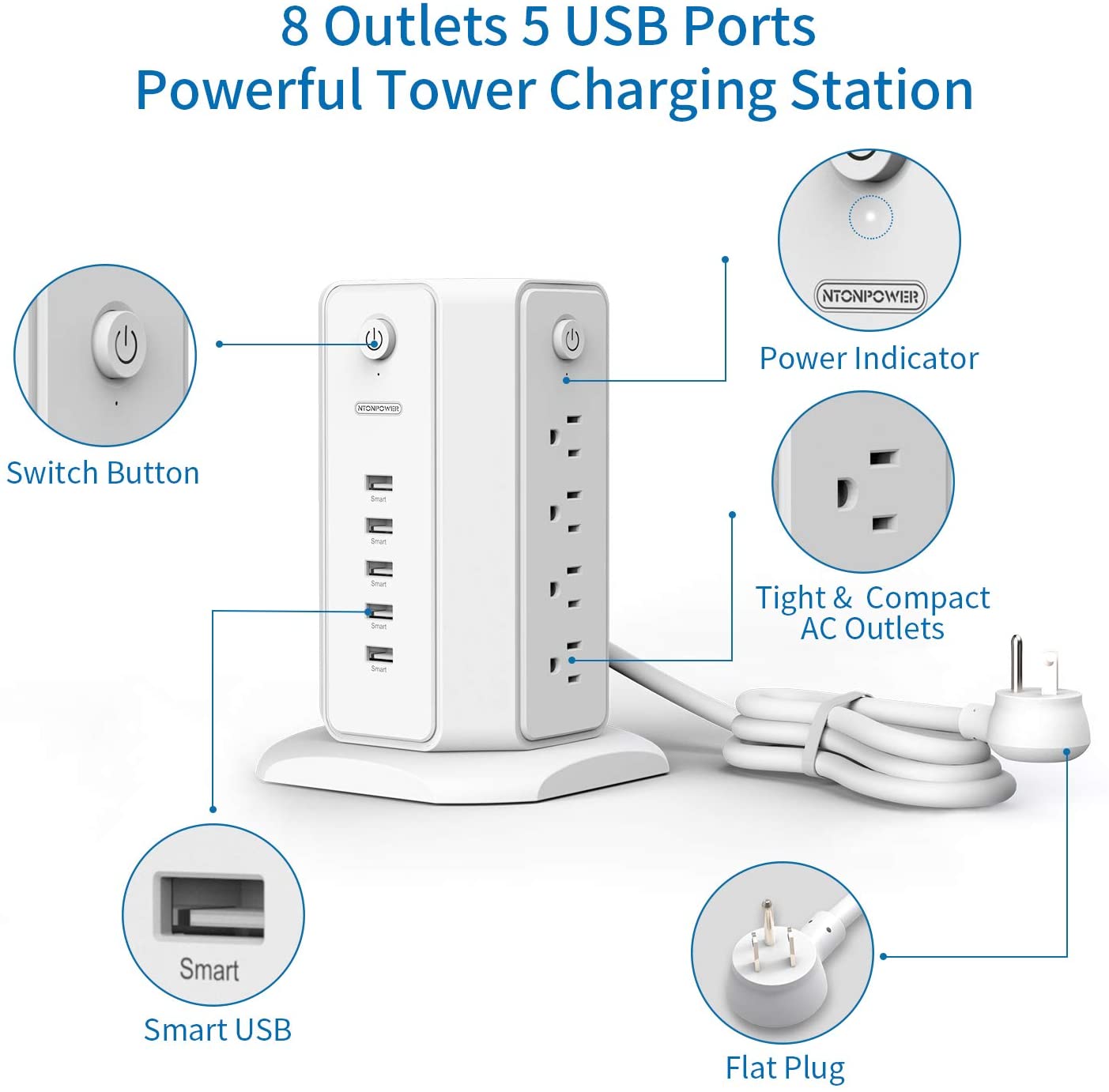 Ntonpower Überspannungsschutzturm, 8 Steckdosen, 5 USB-Steckdosenleistenturm 