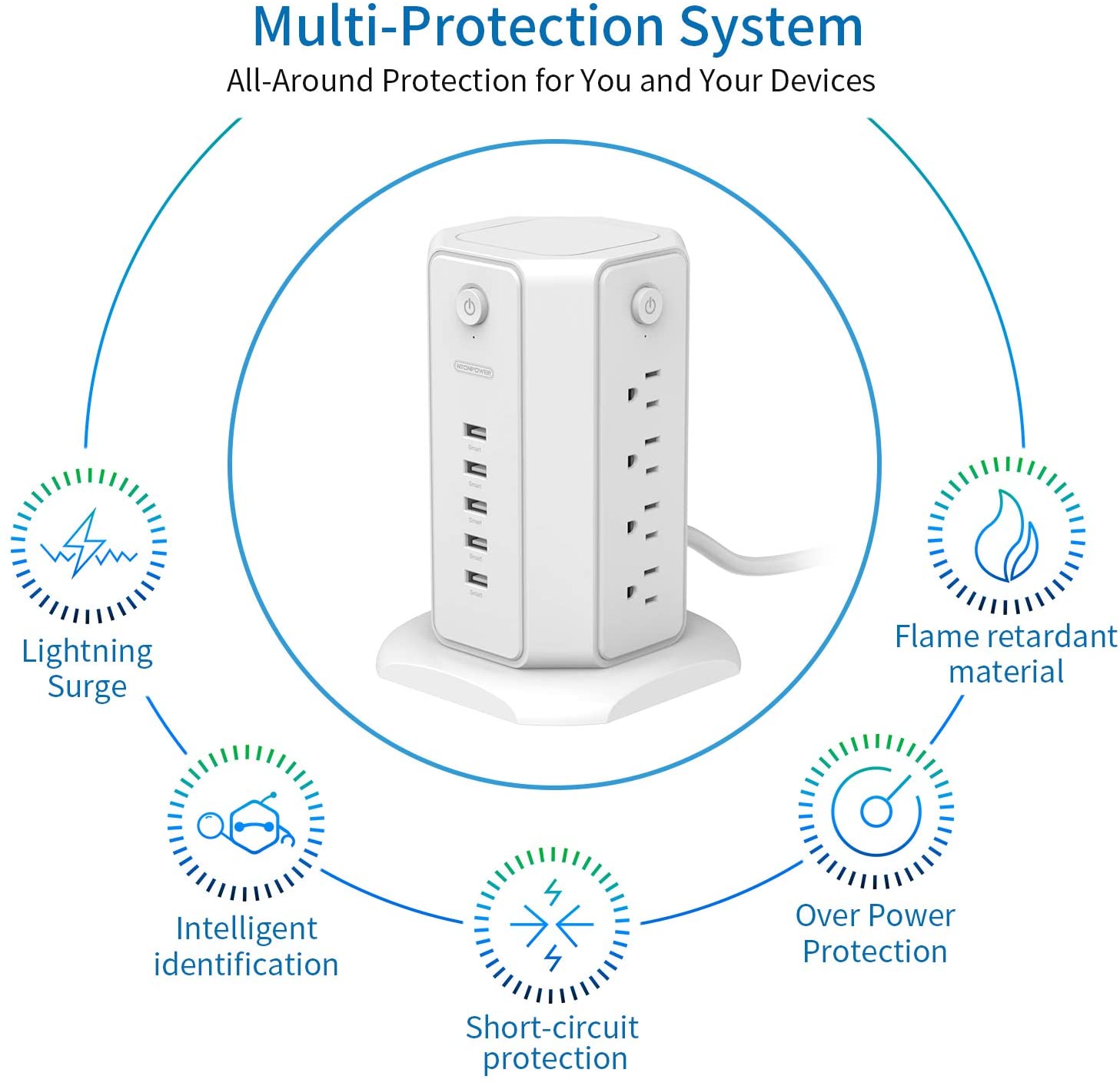 Ntonpower Überspannungsschutzturm, 8 Steckdosen, 5 USB-Steckdosenleistenturm 