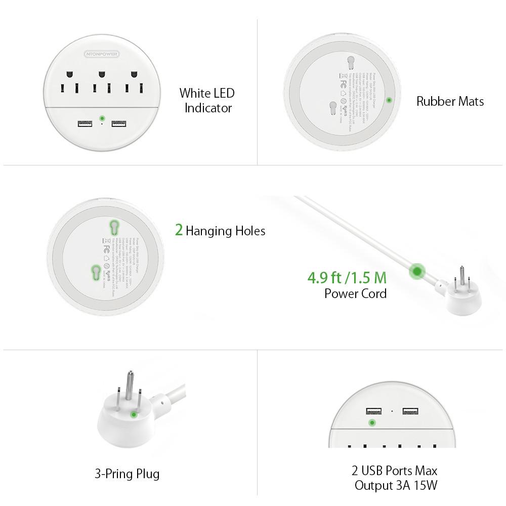 Ntonpower Dot Power Strip 3 Outlets 2 USB Small & Travel