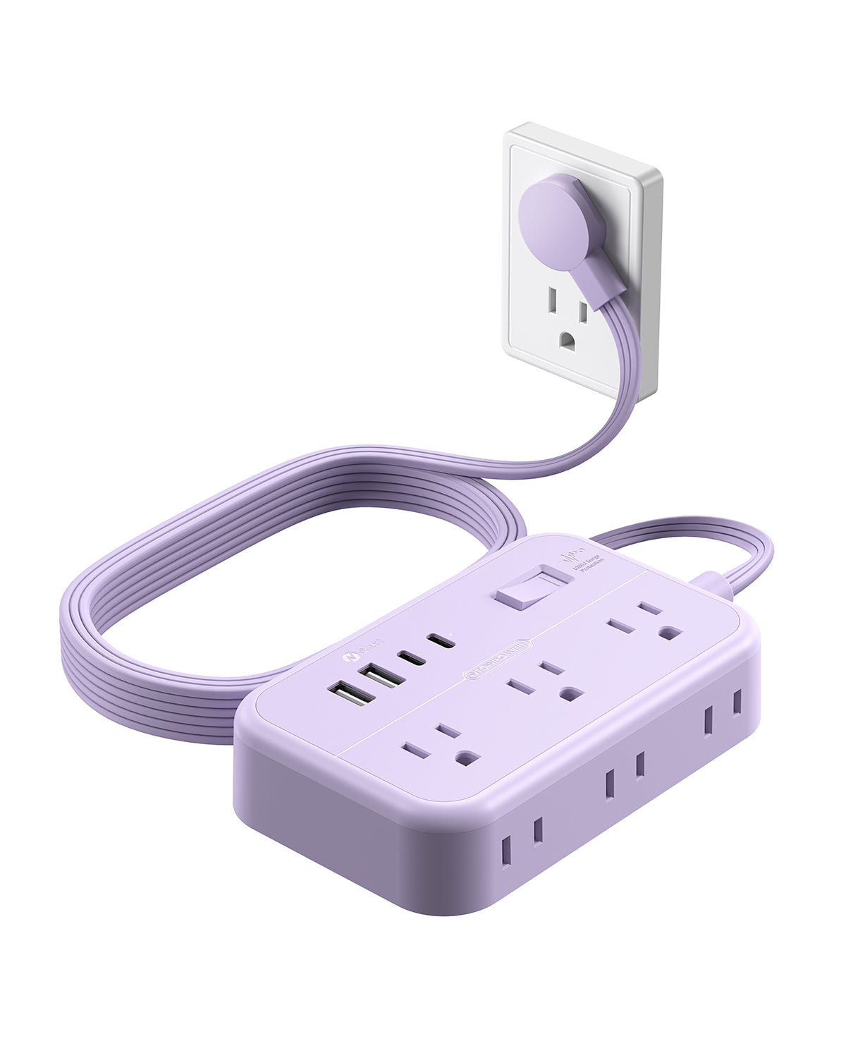 Ntonpower Purple Surge Power Strip 6 Outlets 2 USB 2 TYPE-C Flat Cord（5ft）