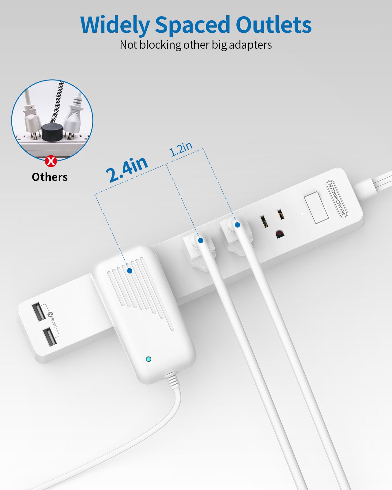 Ntonpower Power Strip 4 Outlets 2 USB Super Flat Extension Cord
