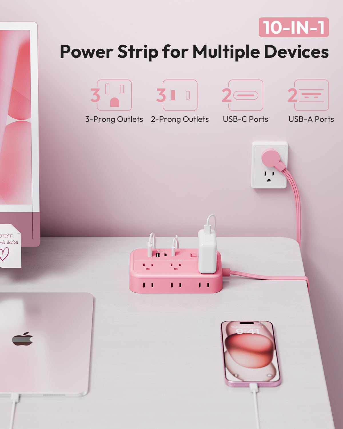 Ntonpower Purple Surge Power Strip 6 Outlets 2 USB 2 TYPE-C Flat Cord（5ft）