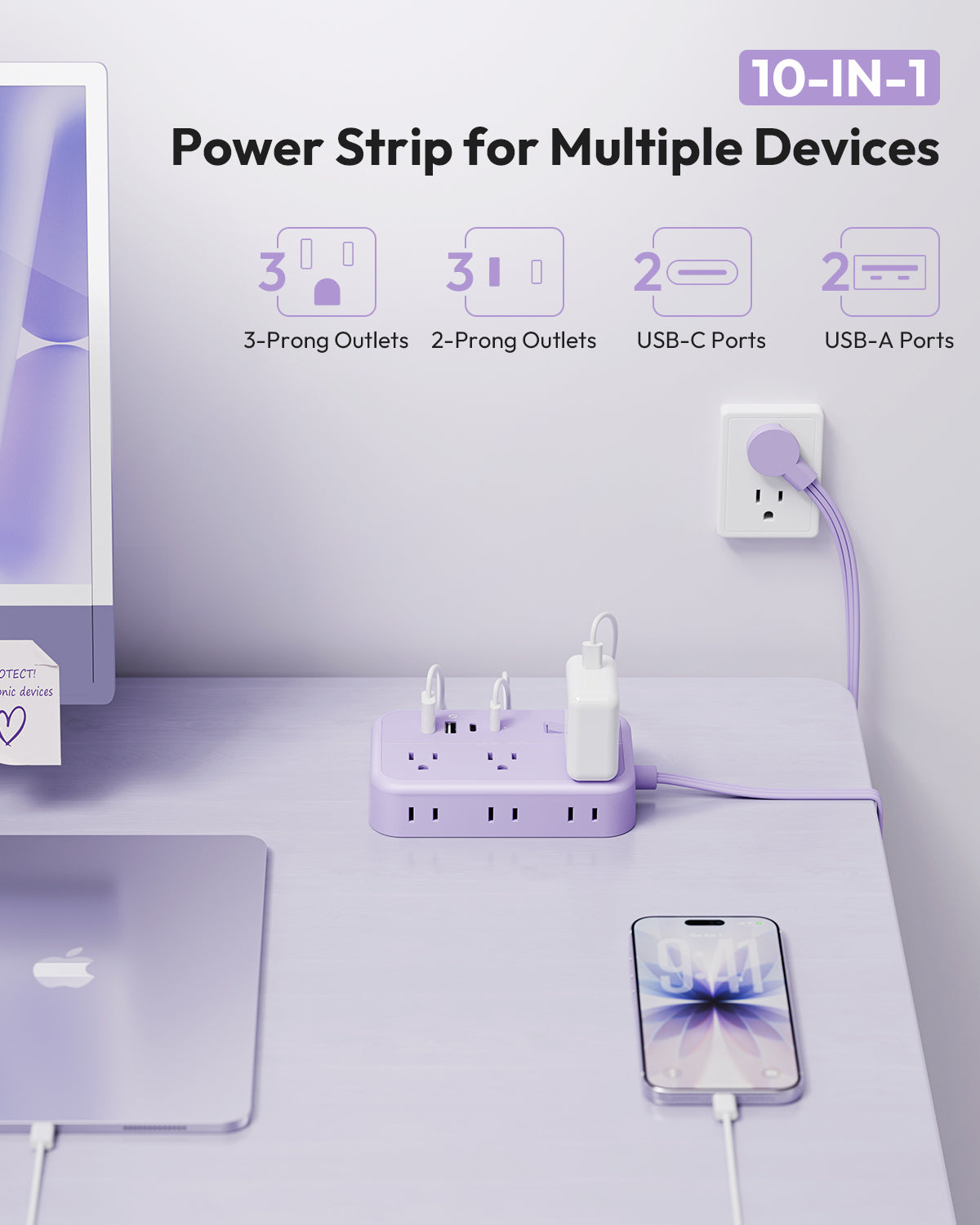 Ntonpower Purple Surge Power Strip 6 Outlets 2 USB 2 TYPE-C Flat Cord（5ft）