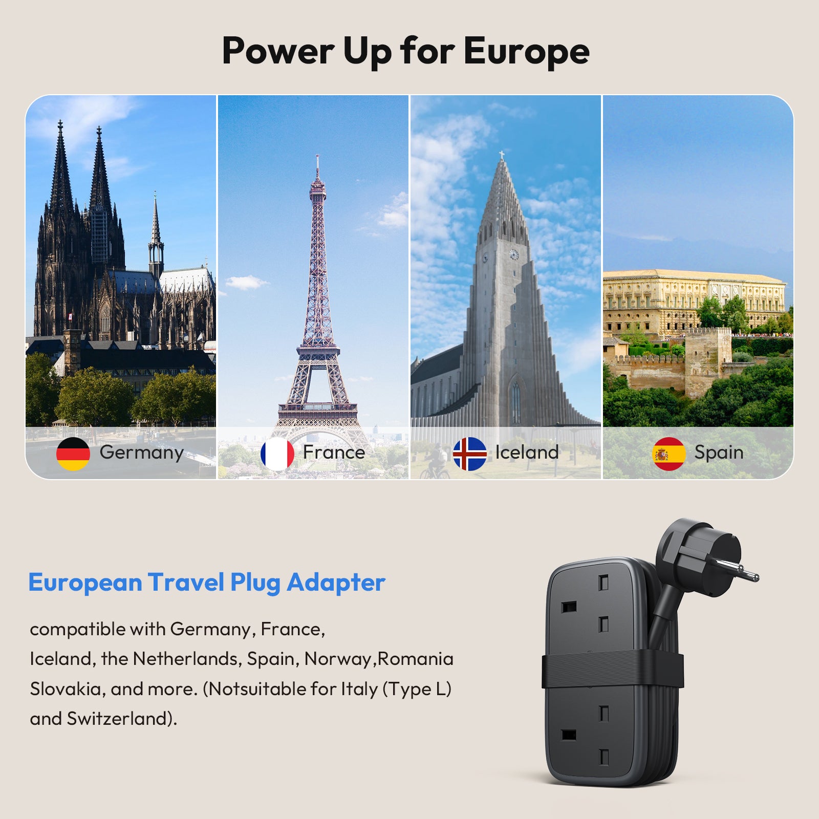 NTONPOWER UK to European Travel  Power Strip 2 Outlets 2 USB-A 1 USB-C