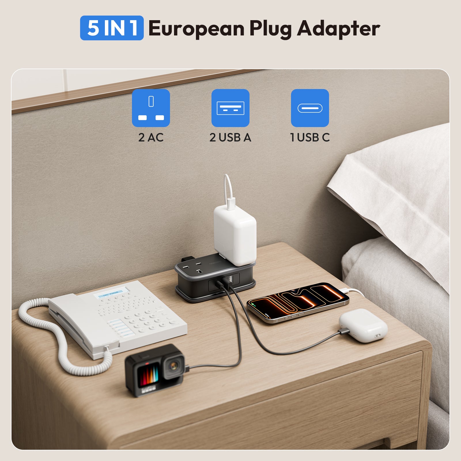 NTONPOWER UK to European Travel  Power Strip 2 Outlets 2 USB-A 1 USB-C