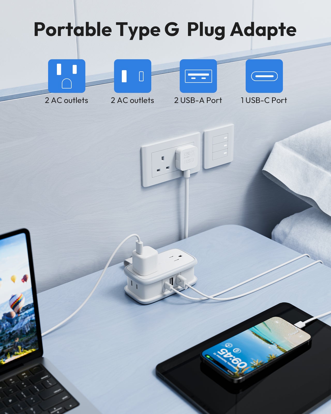 NTONPOWER US to UK Adapter 4 Outlets 2 USB A 1 USB C