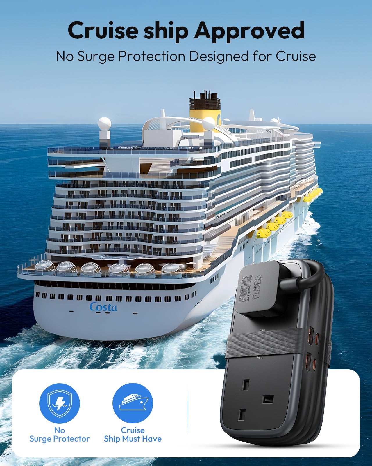 Ntonpower UK 65W Travel Power Strip 2 Outlets 2 USB-A 2 USB-C