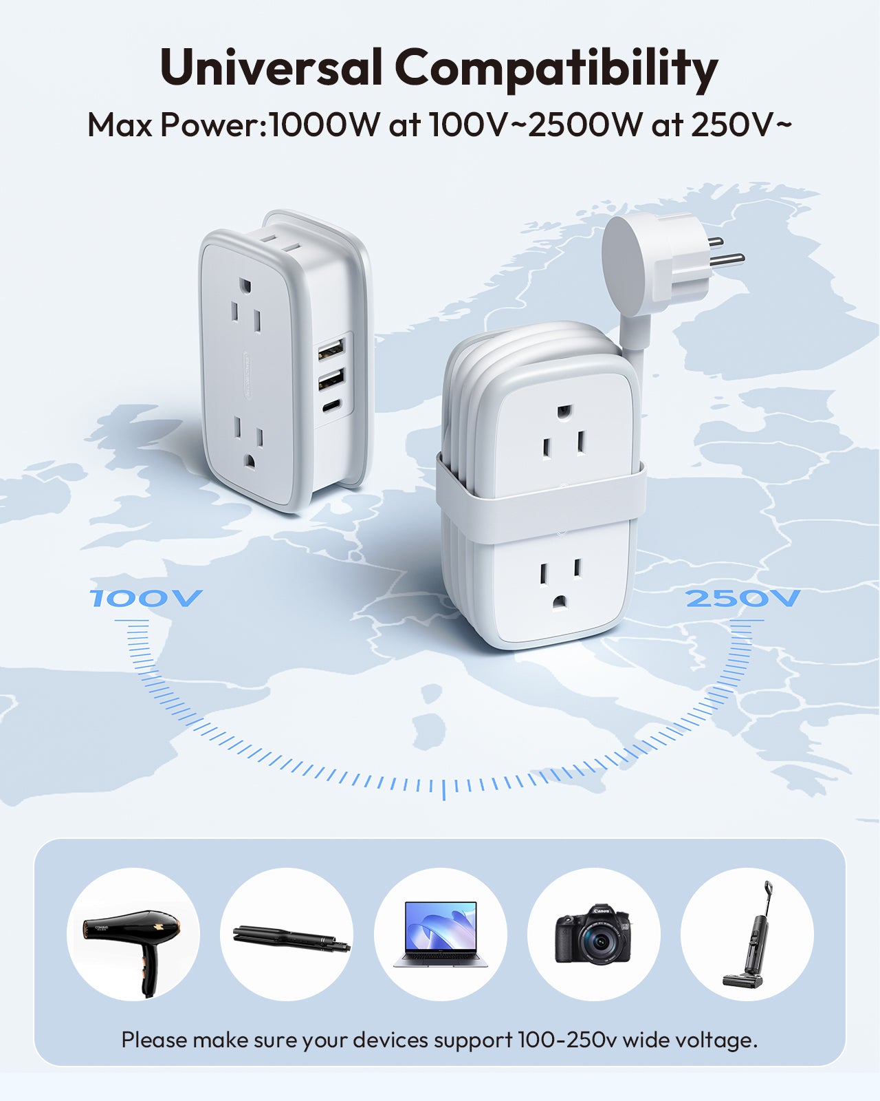 NTONPOWER US to Europe Plug Adapter 4 Outlets 2USB A 1 USB C