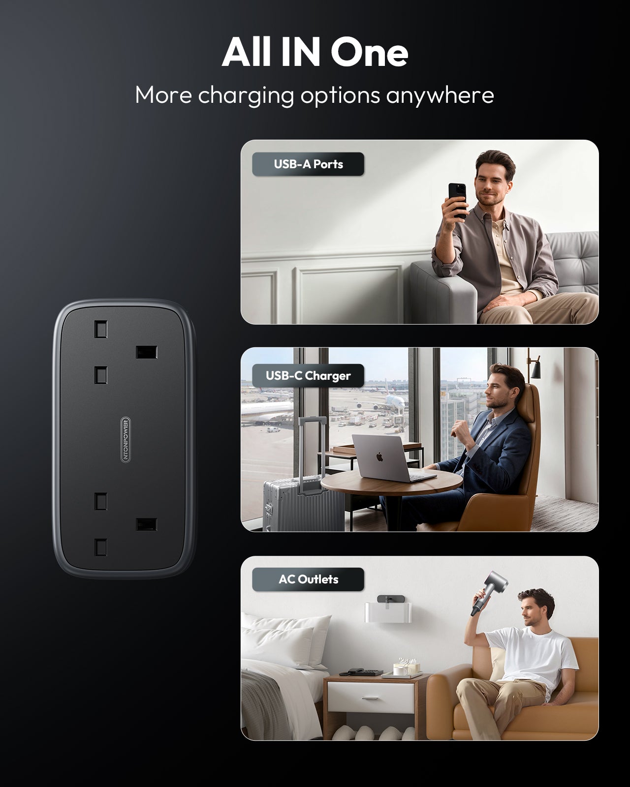 Ntonpower UK 65W Travel Power Strip 2 Outlets 2 USB-A 2 USB-C