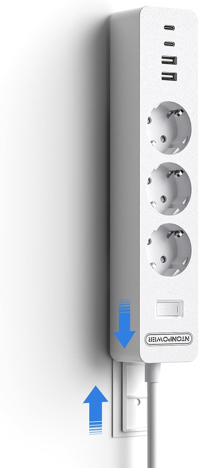 Ntonpower EU Power Strip 3 Socket 2 USB Overvoltage Protection
