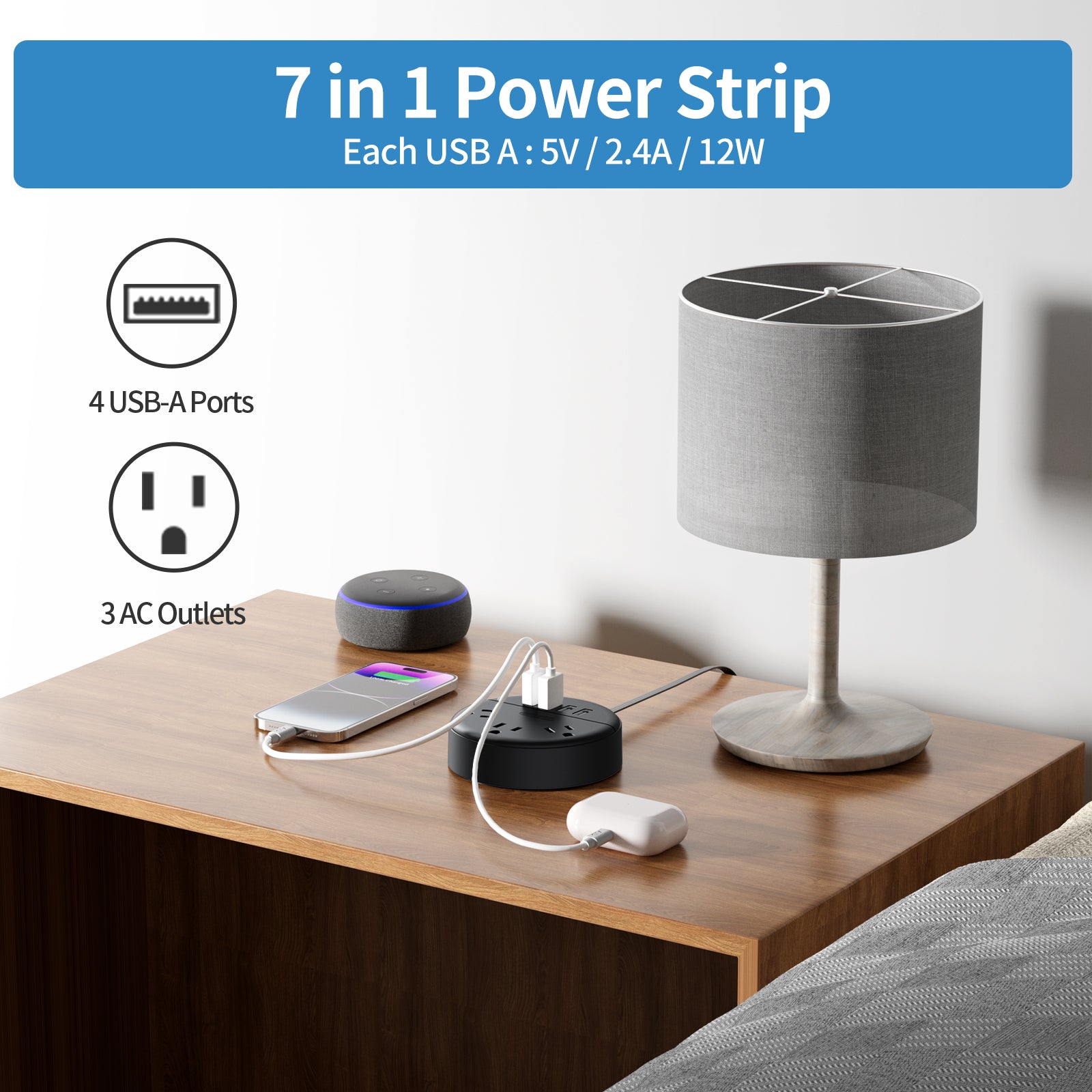 Ntonpower New Dot Flat Cord Power Strip 3 Outlets 4 USB Ports