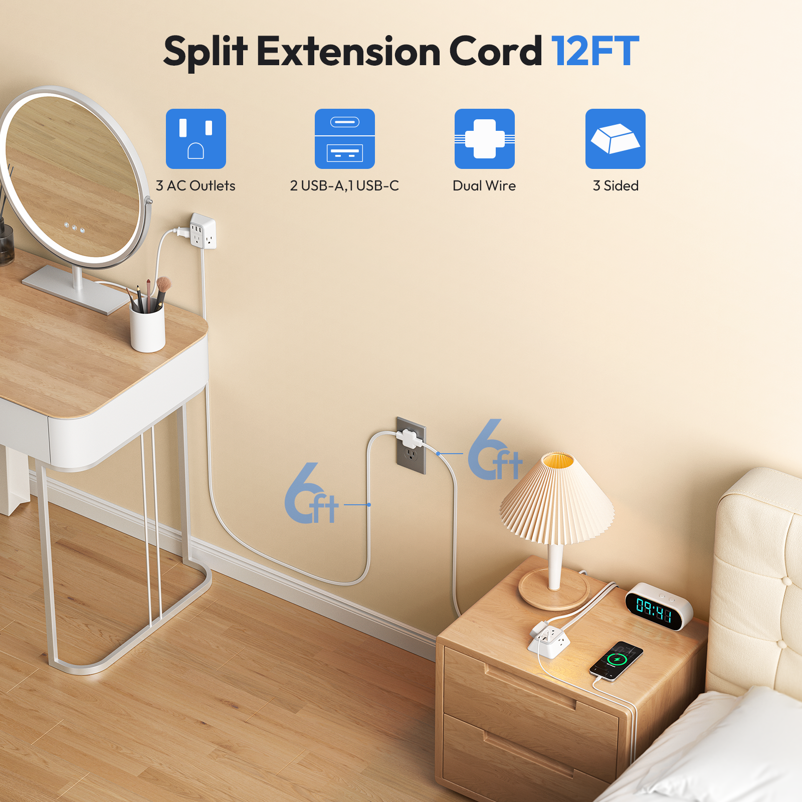 NTONPOWER Split Extension Cord 12FT Power Strip 3 Outlets 2 USB A 1 Type C