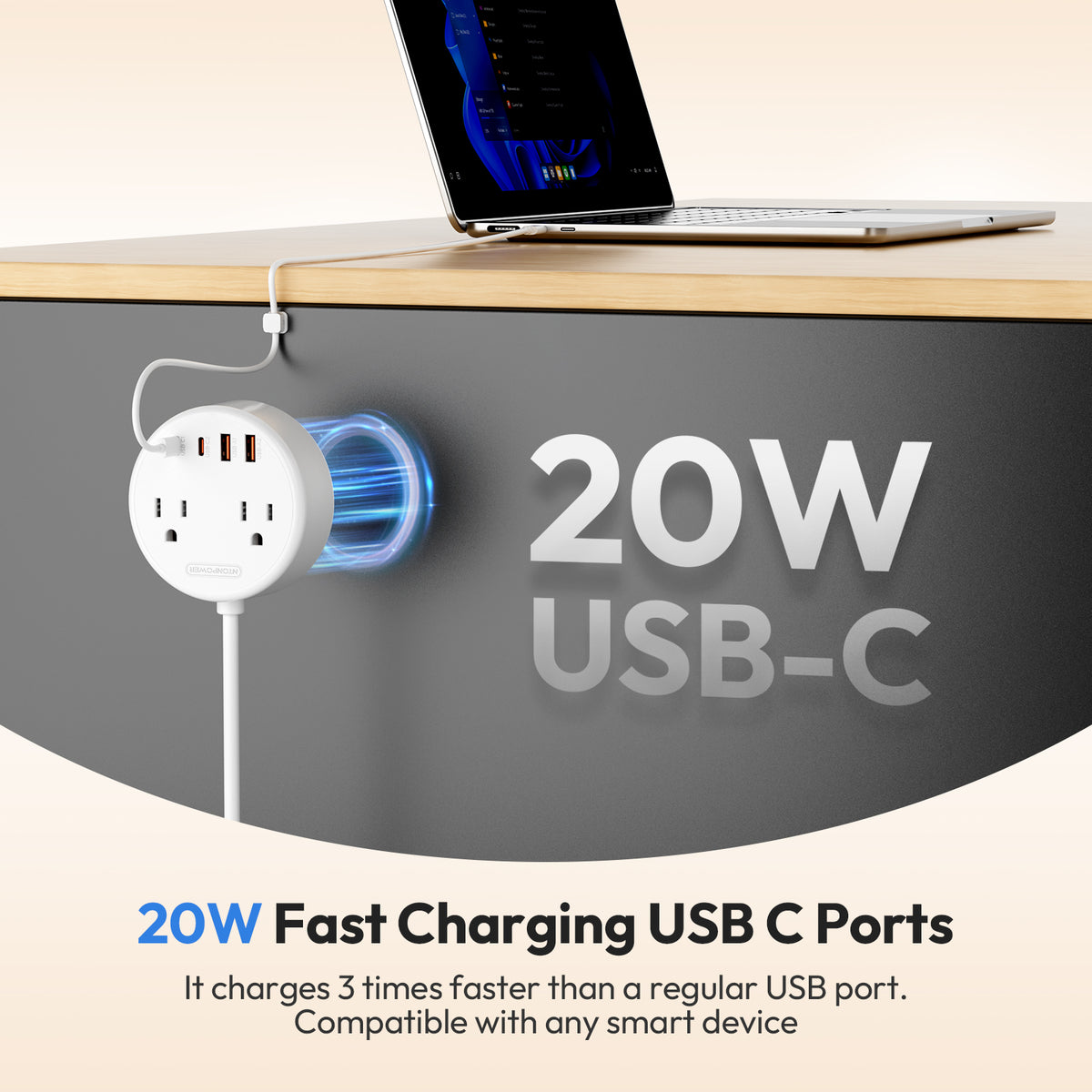 NTONPOWER Magnetic Power Strip 2 Outlets 4 USB Ports (2 Type C)
