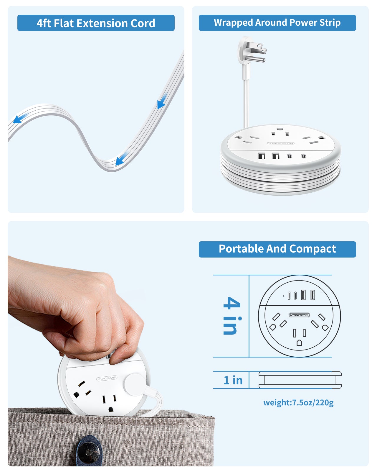 NTONPOWER New Flat Plug Extension Cord 2 USB C Travel Power Strip