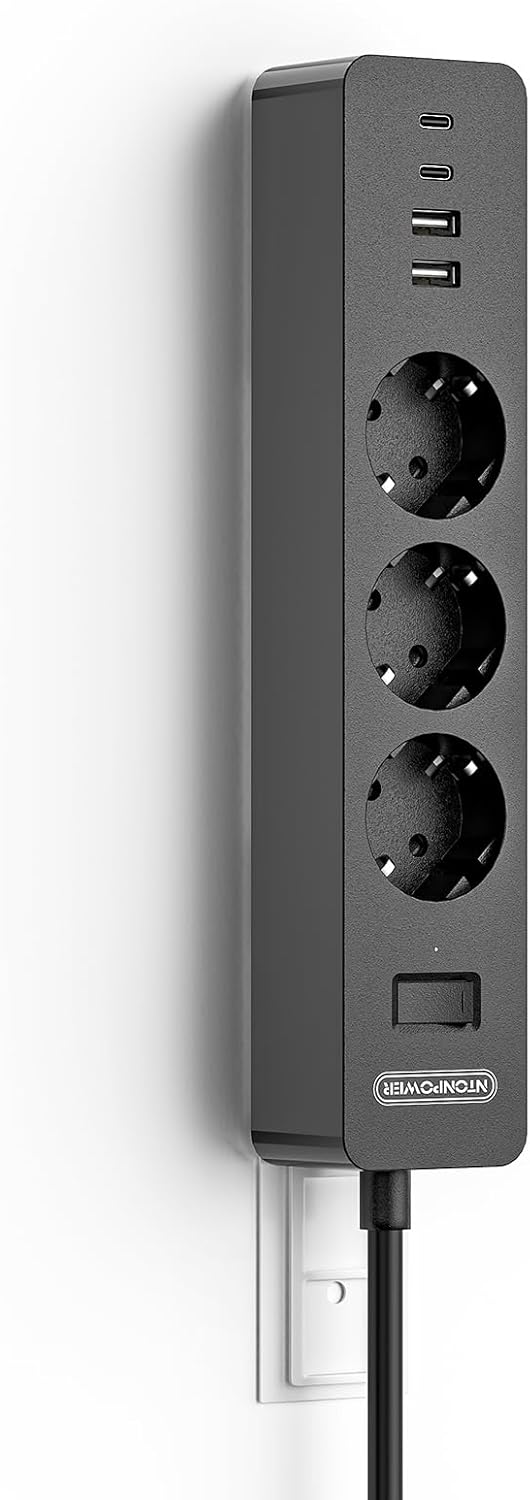 Ntonpower EU Power Strip 3 Socket 2 USB Overvoltage Protection