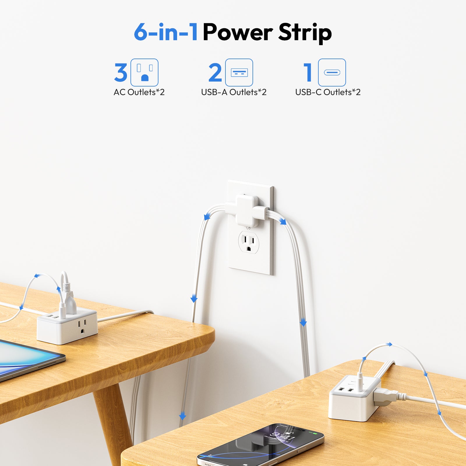 NTONPOWER Double Extension Cord 12 FT Power Strip  3 Outlets 3 USB