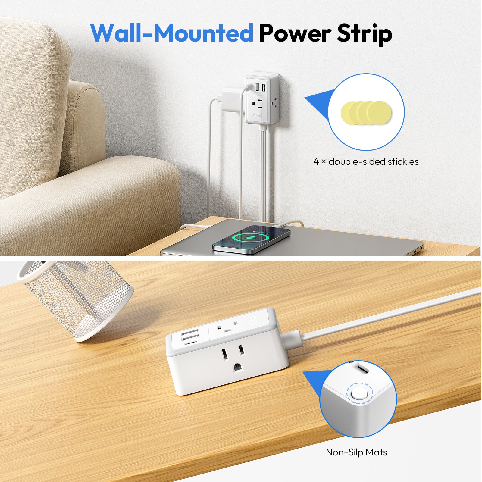 NTONPOWER Double Extension Cord 12 FT Power Strip  3 Outlets 3 USB