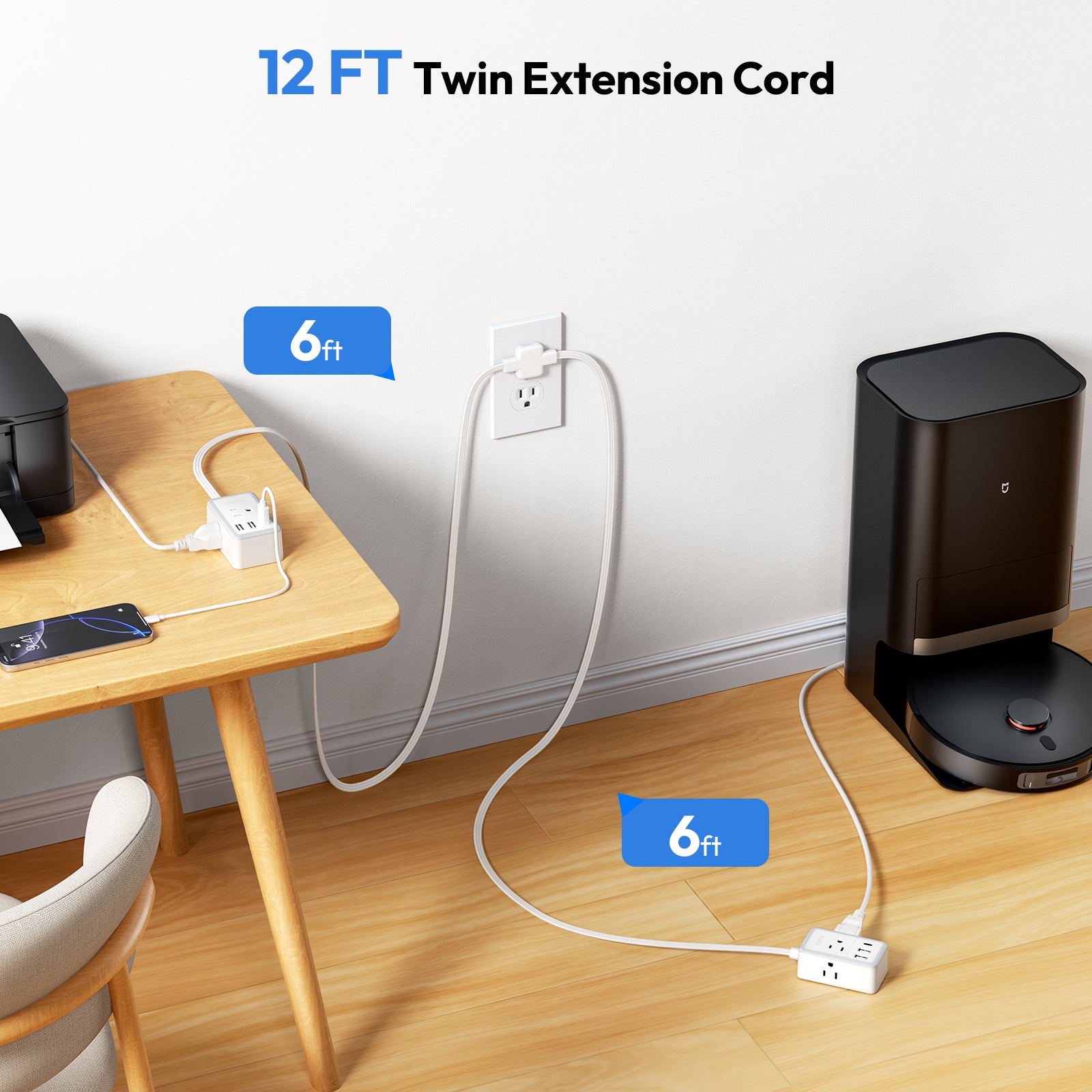 NTONPOWER Double Extension Cord 12 FT Power Strip  3 Outlets 3 USB