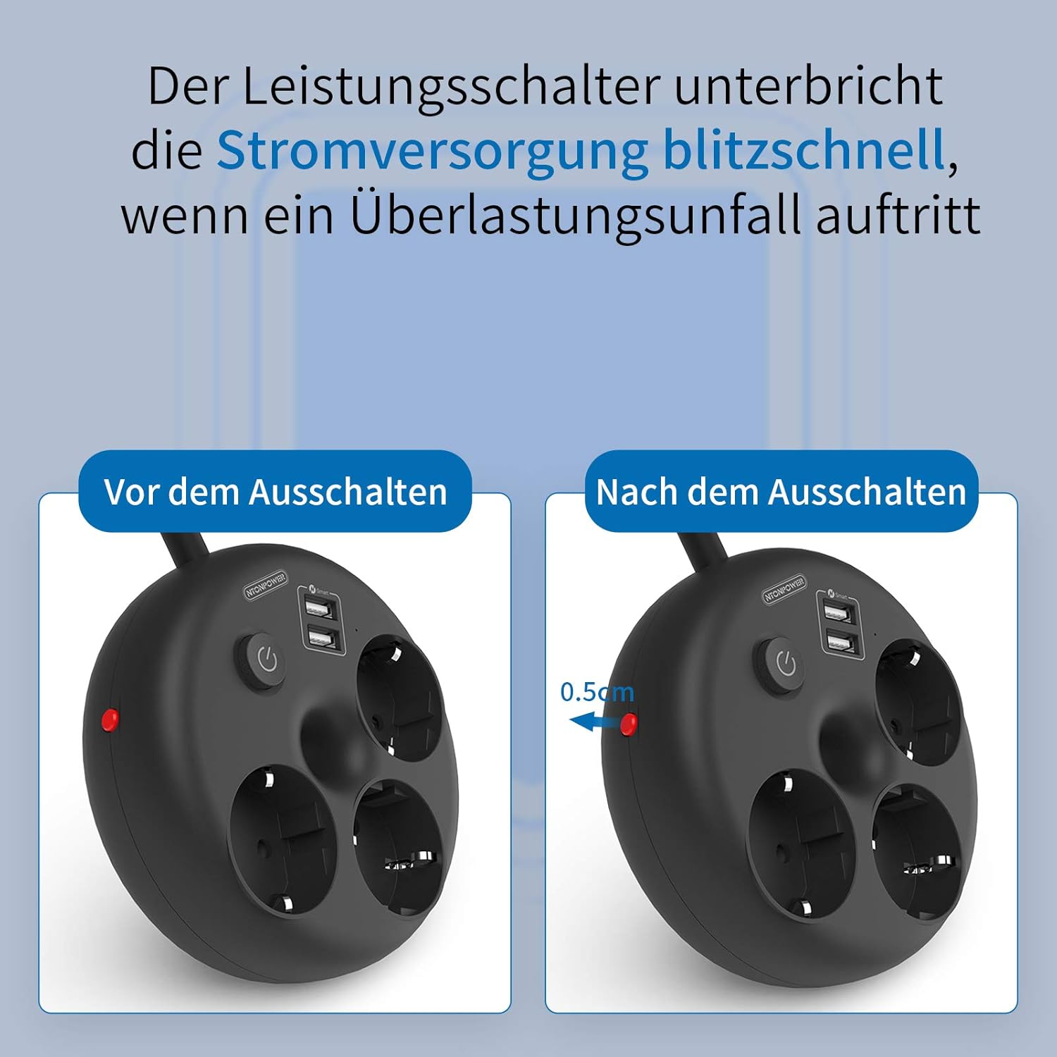Ntonpower EUPower Strip 3 Outlets 2 USB-A