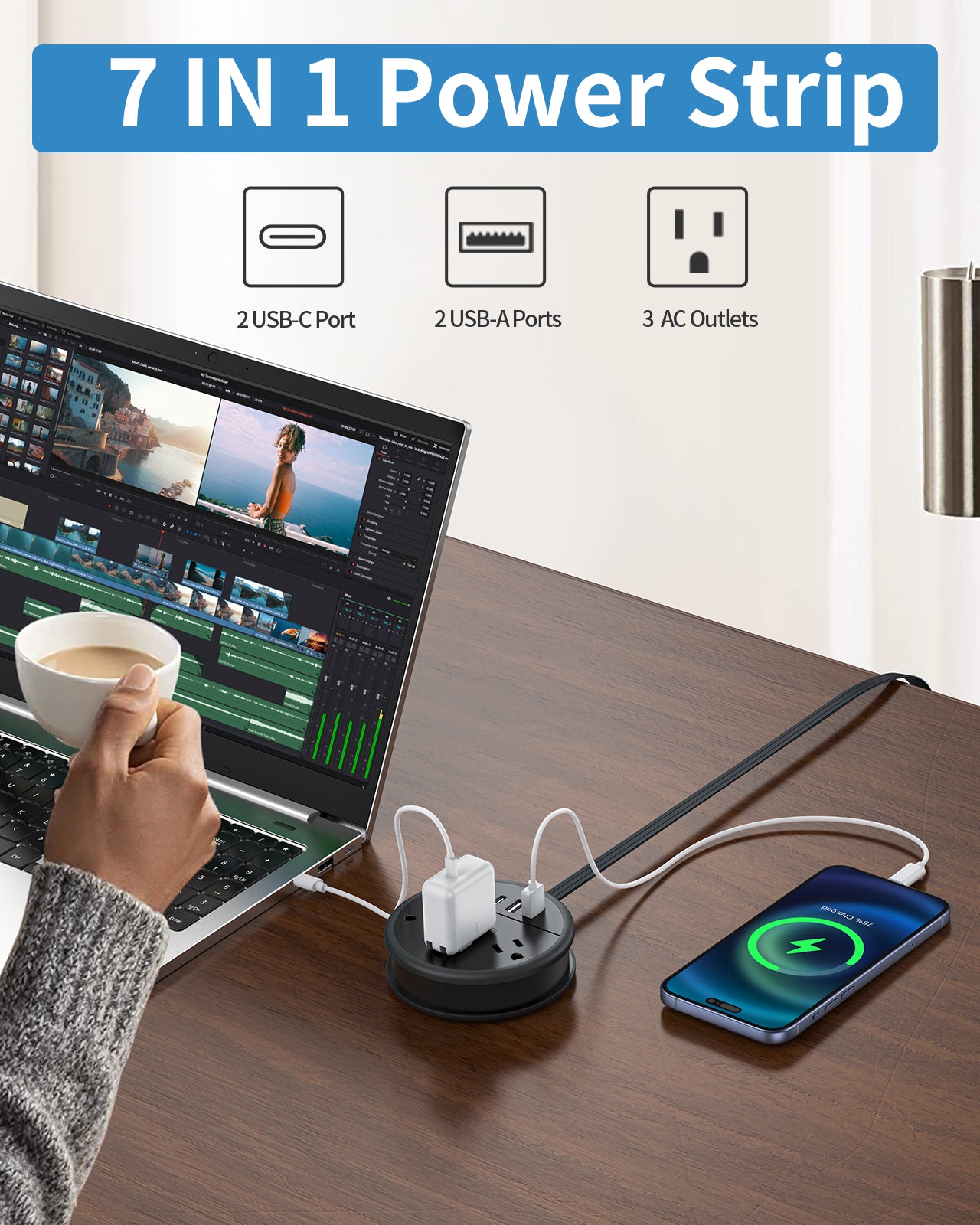 NTONPOWER New Flat Plug Extension Cord 2 USB C Travel Power Strip