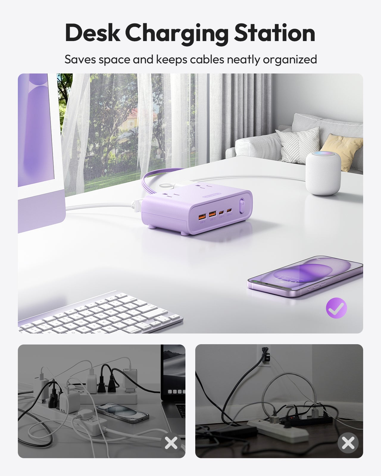 Ntonpower Purple Power Strip 4 Outlets 2 USB-A 2 Type C