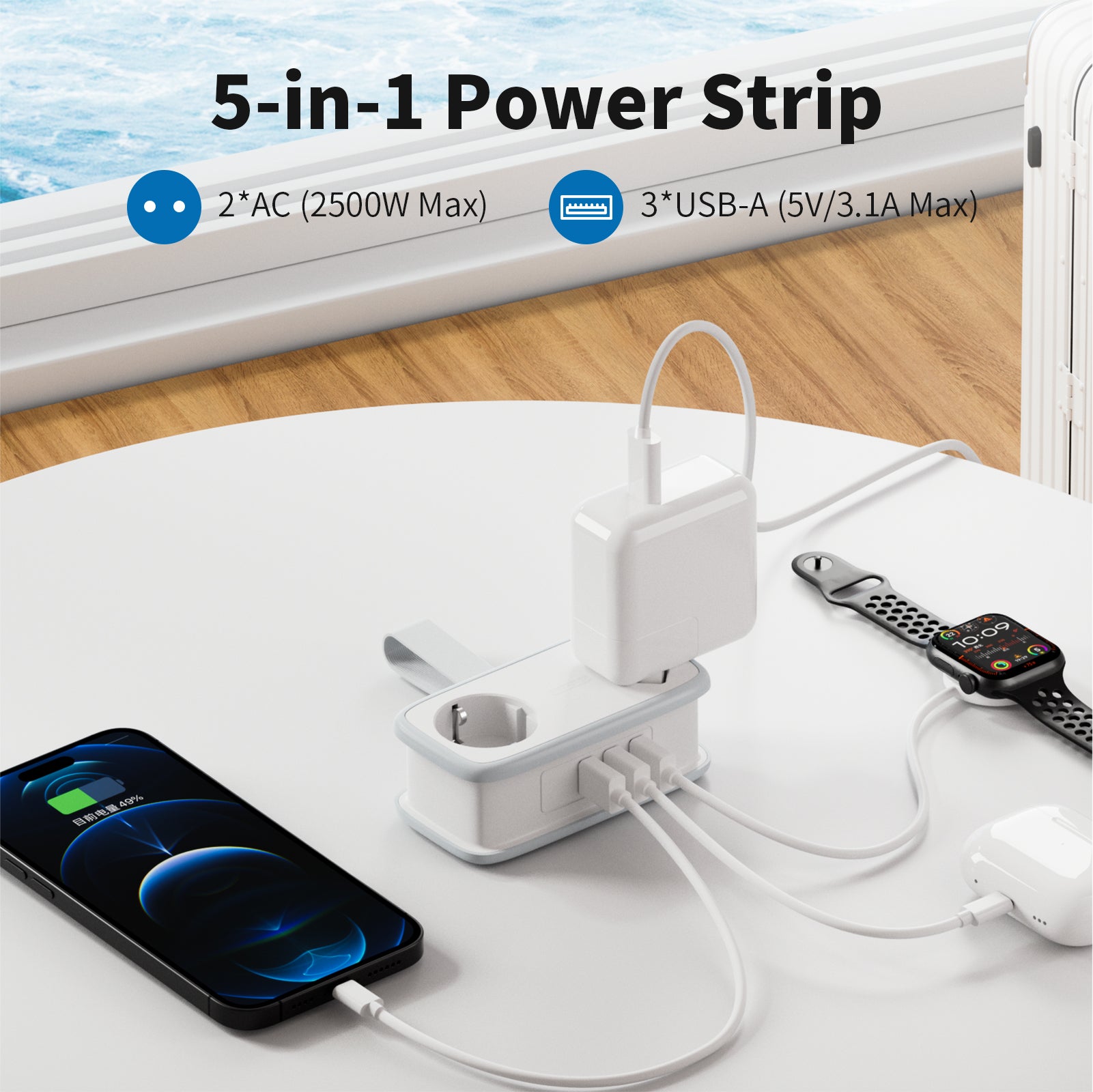 Ntonpower New EU Pocket Power Strip 2 Outlets 3 USB-A Cruise Travel