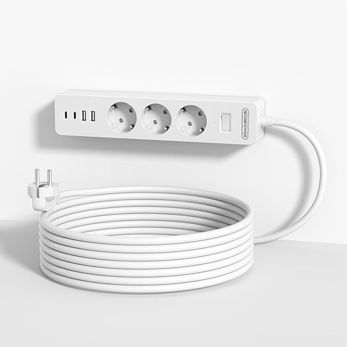 Ntonpower EU Power Strip 3 Socket 2 USB Overvoltage Protection
