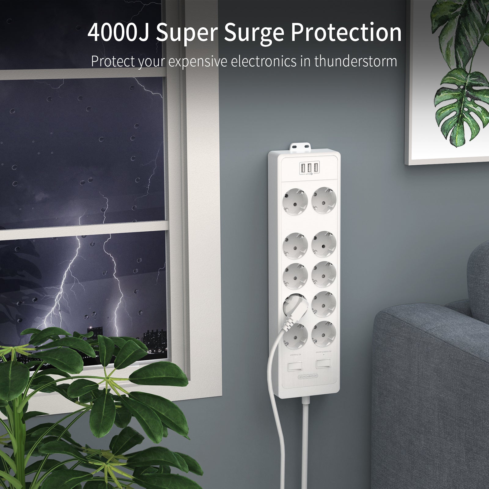 Ntonpower EU Surge Protection Power Strip 10 Outlets 3 USB-A