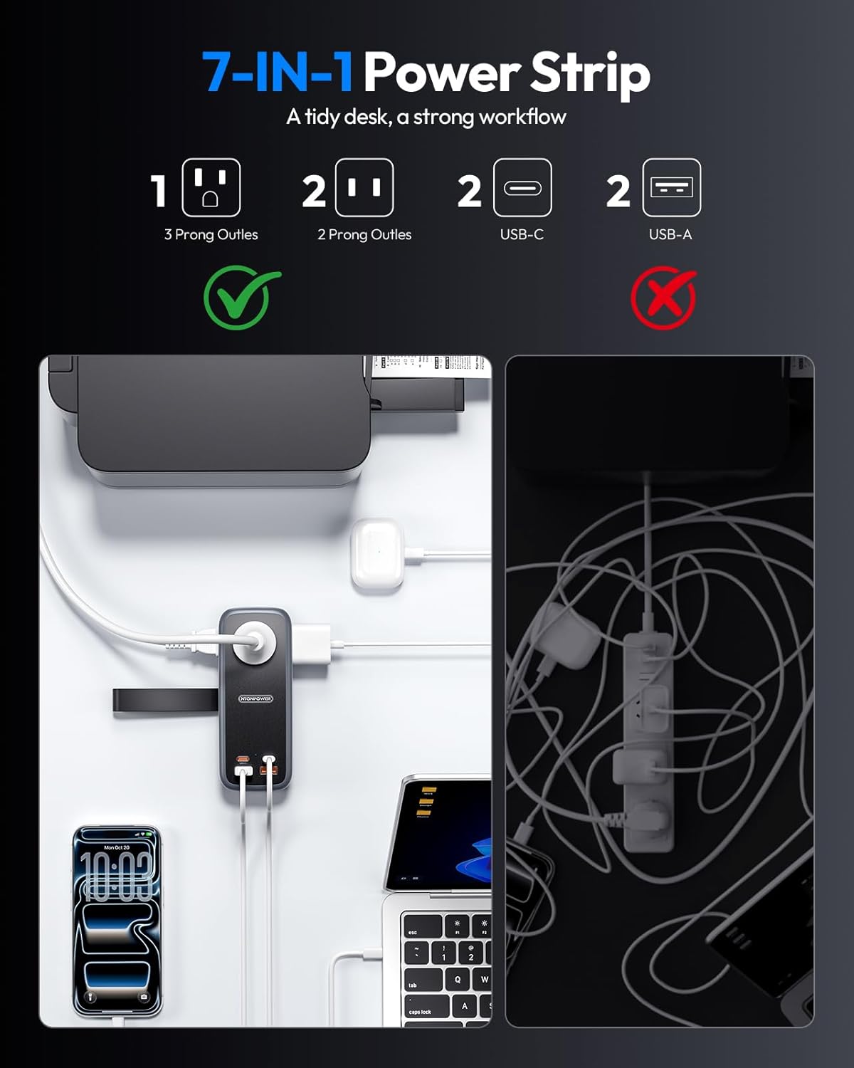 NTONPOWER GAN Ultra 100W USB  Power Strip, 3 Outlets 2 USB-A 2 USB-C