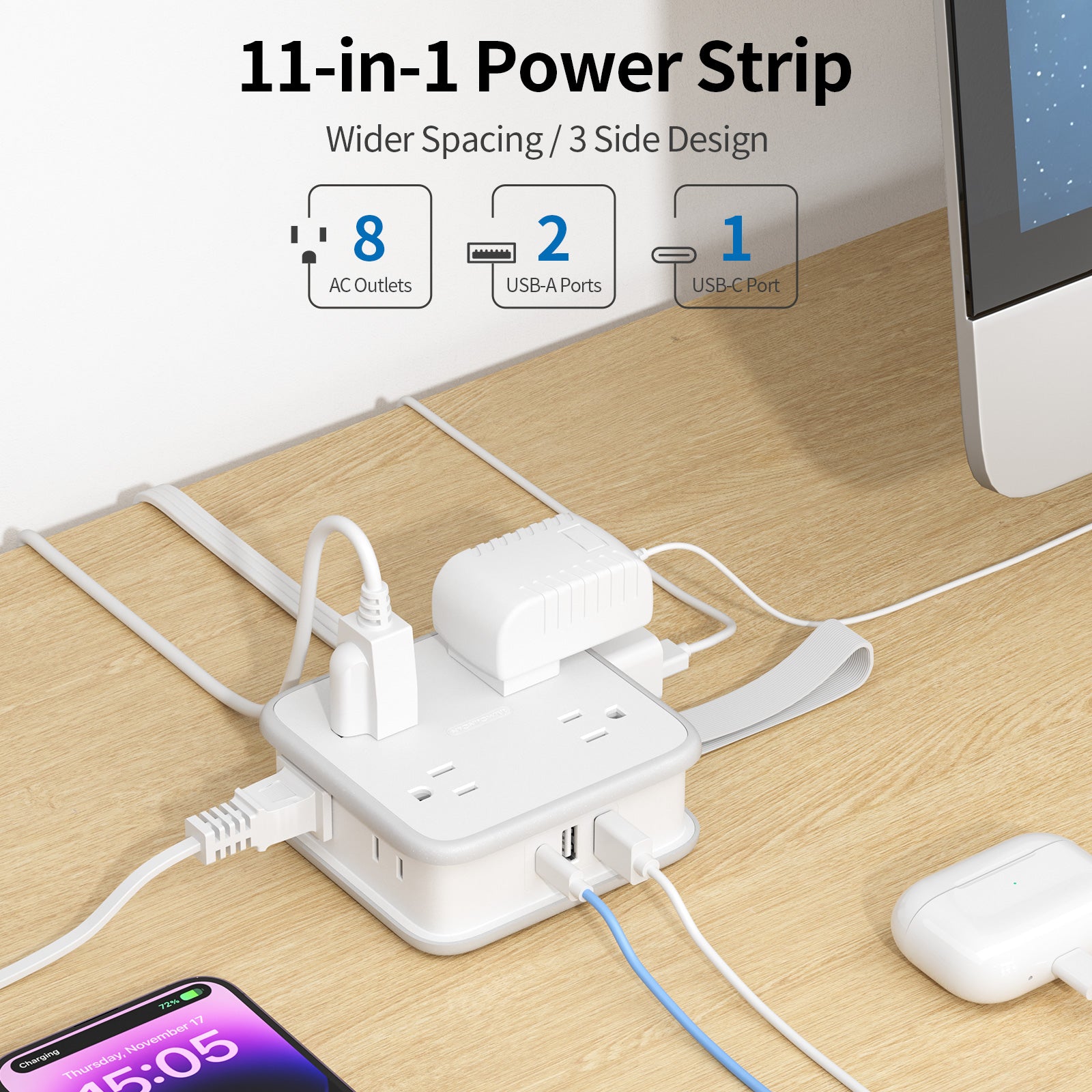 Ntonpower Power Cube 8 Outlets 3 USB Ports Flat Cord